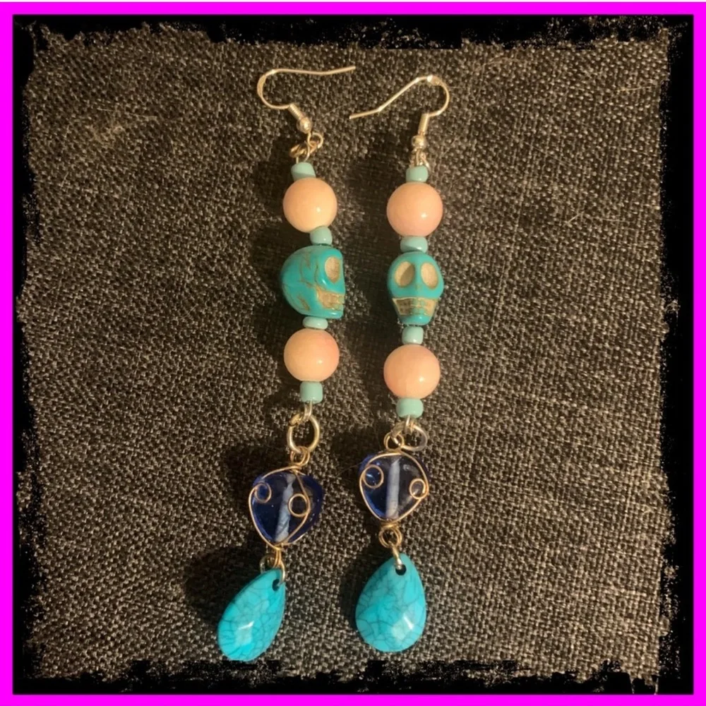 Handmade New S925 Sterling Silver Turquoise Rhodonite Skull Candy Drop Earrings
